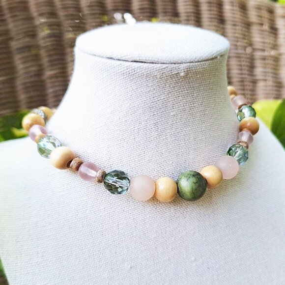 Unique Jade & Wood Bead Choker | Chunky Boho Necklace | Granola Girl Necklace - Picture 8 of 8